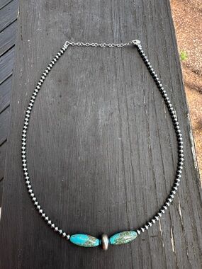 Navajo Style Sterling Silver Pearl & Blue Turquoise Torpedo Choker